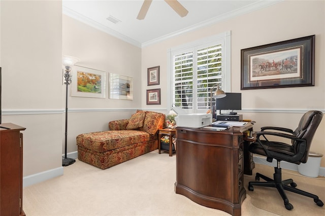 office area with light colored carpet, ceiling fan, and ornamental molding