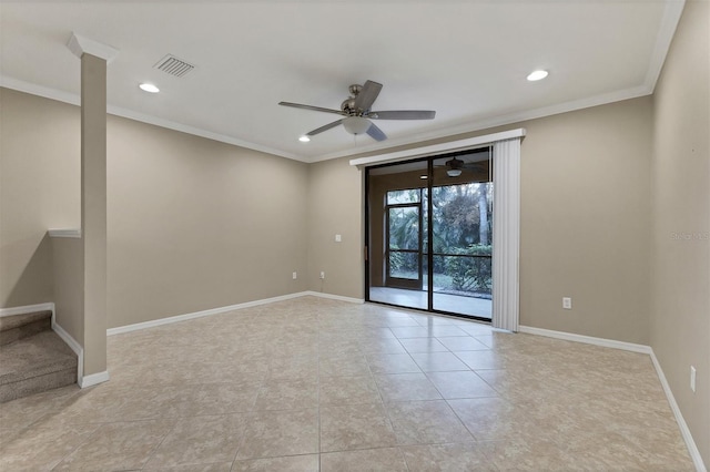 empty room with ceiling fan, crown molding, and light tile patterned floors