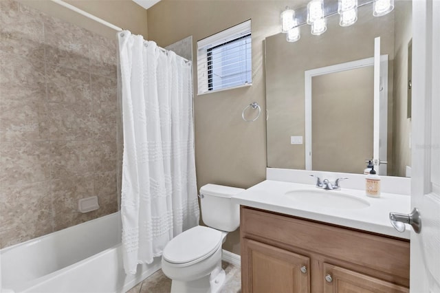 full bathroom featuring vanity, tile patterned flooring, shower / bathtub combination with curtain, and toilet