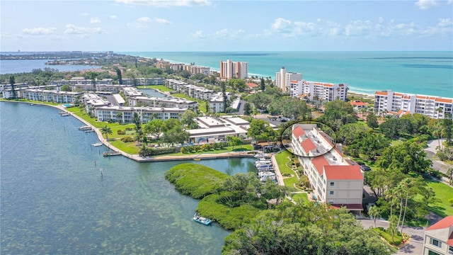 bird's eye view with a water view