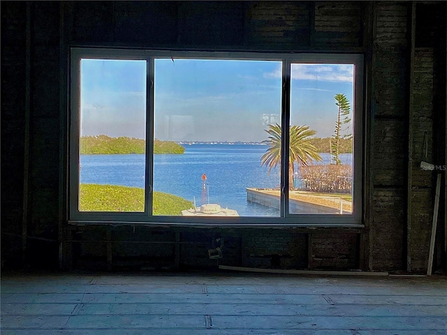 interior details featuring hardwood / wood-style flooring and a water view