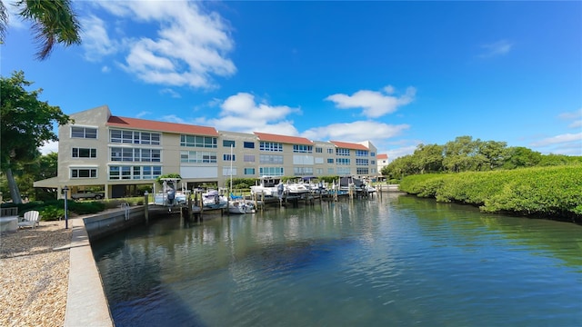 view of water feature with a boat dock