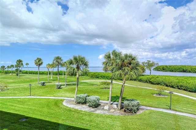 view of property's community with a water view and a yard