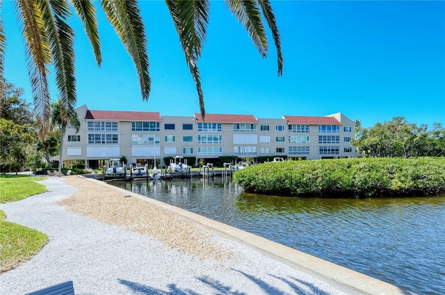 exterior space with a water view