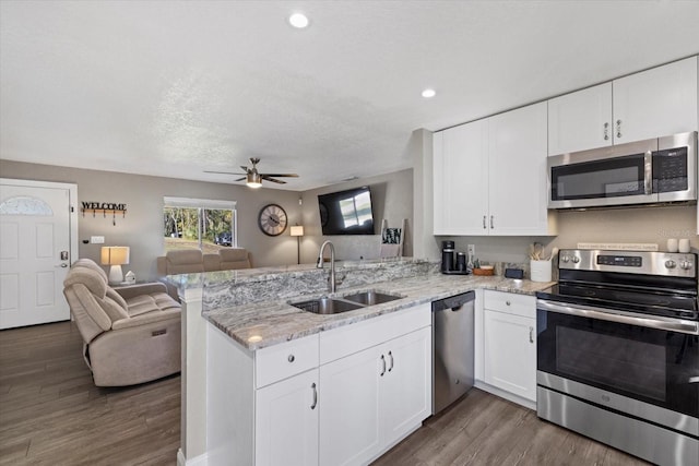 kitchen featuring kitchen peninsula, stainless steel appliances, white cabinetry, and sink