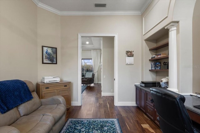 office with crown molding and dark wood-type flooring