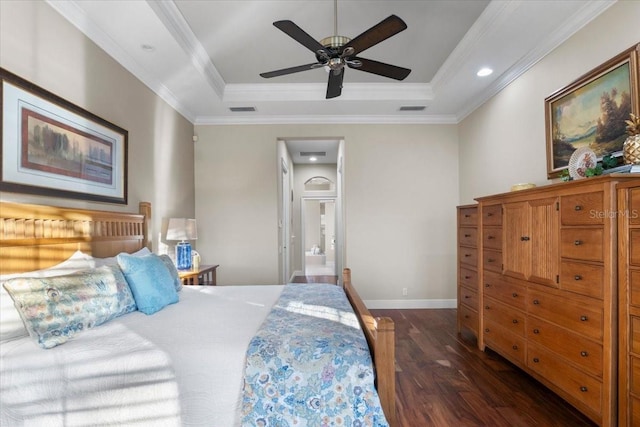 bedroom featuring ensuite bath, ceiling fan, dark hardwood / wood-style flooring, and ornamental molding