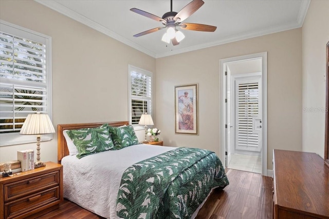 bedroom with ceiling fan, crown molding, ensuite bathroom, and dark wood-type flooring