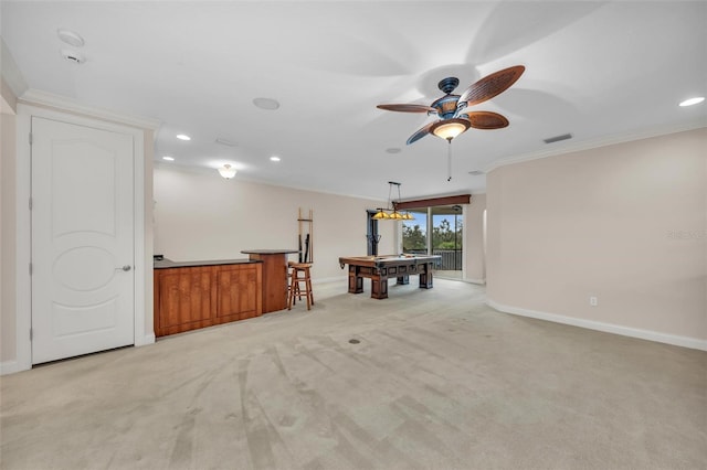 rec room with ceiling fan, ornamental molding, light carpet, and pool table