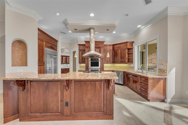 kitchen featuring kitchen peninsula, light tile patterned floors, stainless steel appliances, and ornamental molding