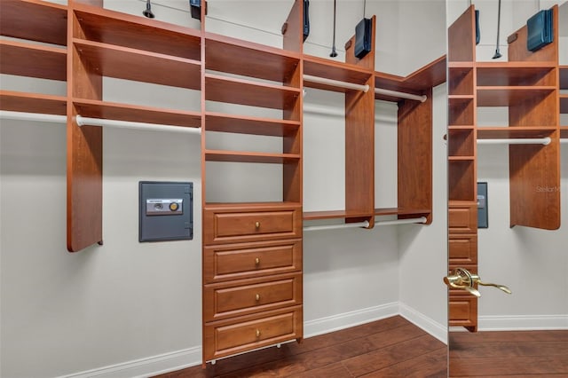 spacious closet featuring dark hardwood / wood-style floors