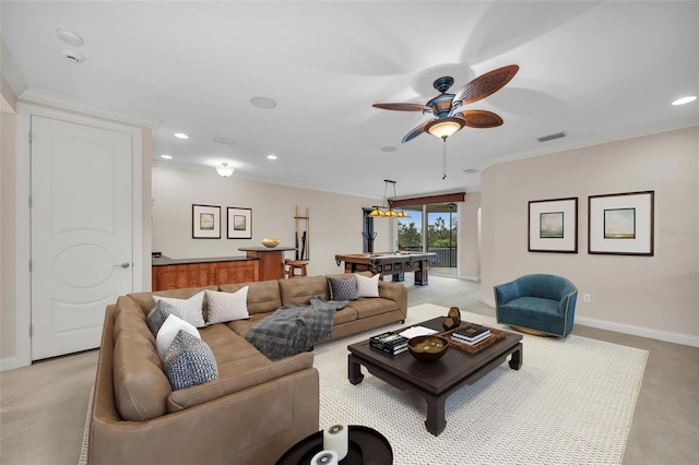 living room featuring light carpet, crown molding, ceiling fan, and pool table