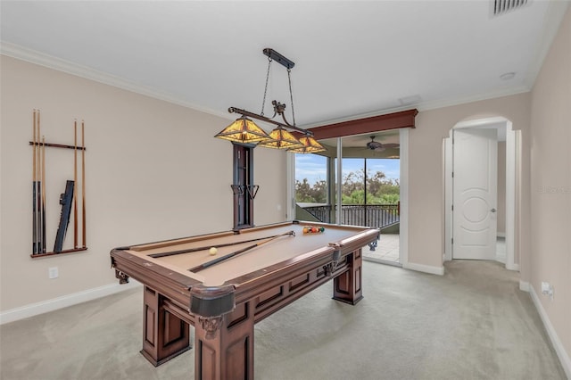 rec room featuring light carpet, ornamental molding, and billiards