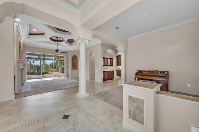 tiled foyer entrance with crown molding, ornate columns, coffered ceiling, and ceiling fan