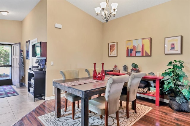 dining area with hardwood / wood-style floors and a chandelier