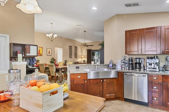 kitchen featuring light stone countertops, stainless steel dishwasher, ceiling fan with notable chandelier, sink, and lofted ceiling