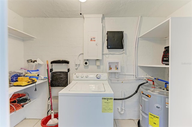 laundry room with washer / dryer, electric water heater, electric panel, and light tile patterned floors