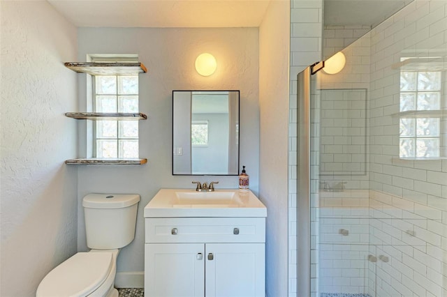 bathroom featuring vanity, toilet, and walk in shower