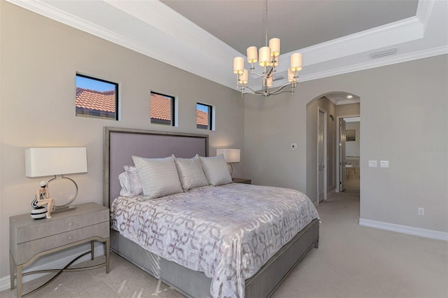 bedroom with a chandelier, light carpet, and crown molding