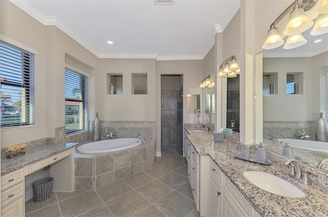 bathroom with tile patterned flooring, vanity, shower with separate bathtub, and crown molding