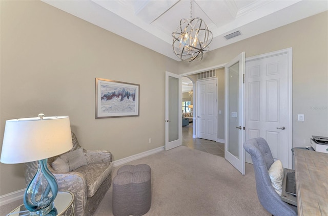 office featuring coffered ceiling, a notable chandelier, light carpet, and french doors