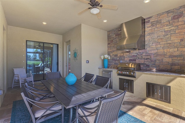 view of patio with an outdoor kitchen, grilling area, and ceiling fan