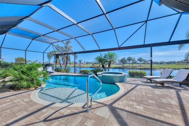 view of pool featuring glass enclosure, an in ground hot tub, a water view, and a patio