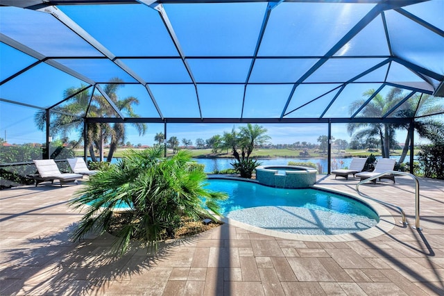 view of swimming pool with a patio, a water view, and a lanai