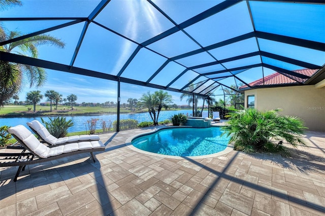 view of pool featuring a water view, a patio area, and a lanai