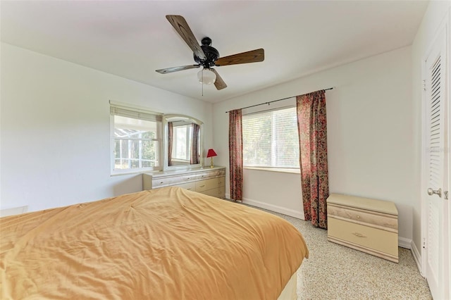 bedroom featuring ceiling fan and a closet