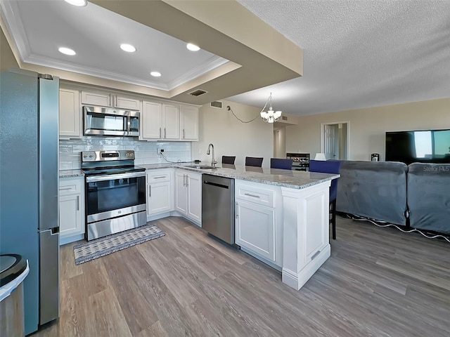 kitchen with kitchen peninsula, appliances with stainless steel finishes, a tray ceiling, pendant lighting, and light hardwood / wood-style floors