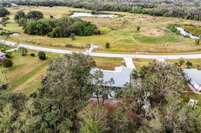 aerial view featuring a water view and a rural view