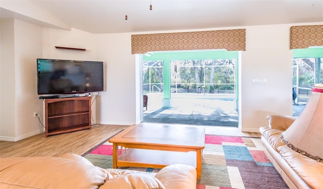 living room with baseboards and wood finished floors