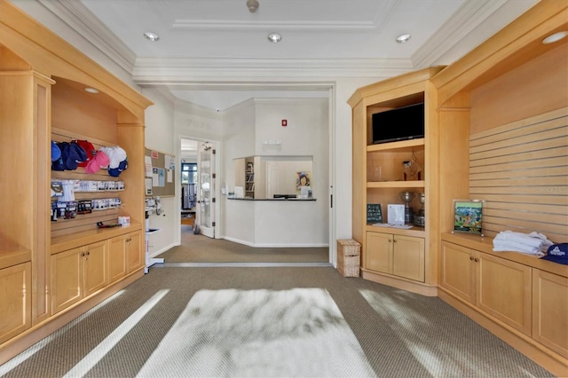 carpeted living room featuring crown molding