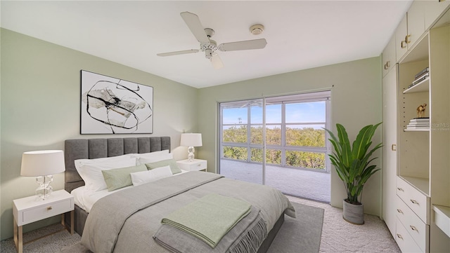 carpeted bedroom featuring access to outside and ceiling fan