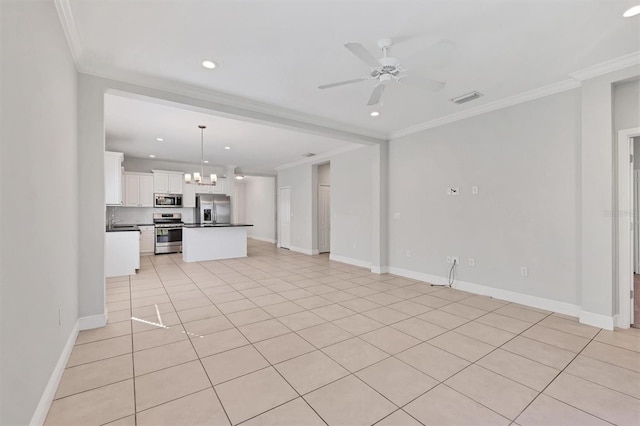 unfurnished living room with light tile patterned floors, ceiling fan with notable chandelier, and ornamental molding