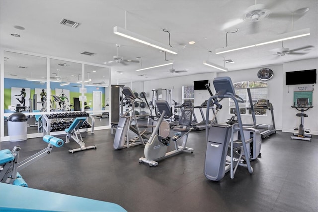 workout area featuring ceiling fan