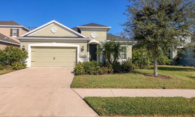 view of front of home with an attached garage, a front lawn, driveway, and stucco siding