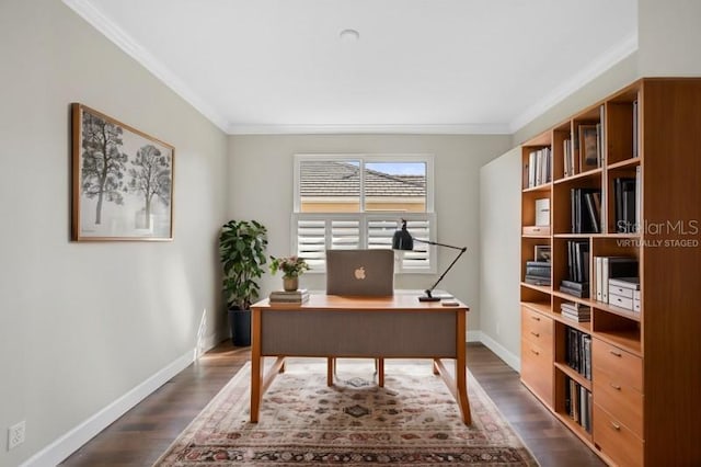 office with dark hardwood / wood-style flooring and ornamental molding