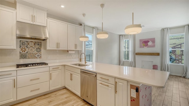 5548 Summit Gln, Bradenton, FL 34203 - kitchen with appliances with stainless steel finishes, under cabinet range hood, a peninsula, light wood-type flooring, and healthy amount of natural light