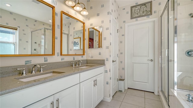 5548 Summit Gln, Bradenton, FL 34203 - full bathroom featuring a shower stall, tile patterned floors, and double vanity