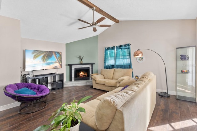 living room with vaulted ceiling with beams, ceiling fan, and dark hardwood / wood-style flooring