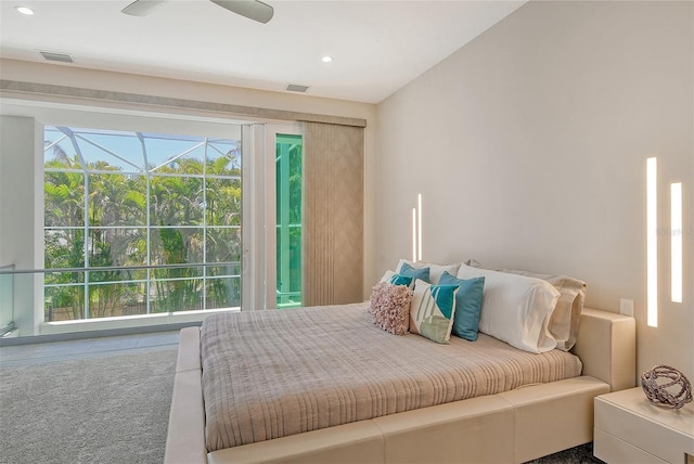 carpeted bedroom featuring ceiling fan