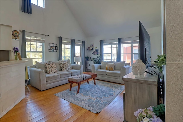 living room with light hardwood / wood-style flooring, high vaulted ceiling, and a healthy amount of sunlight