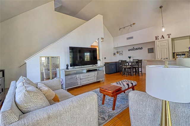 living room with hardwood / wood-style flooring, high vaulted ceiling, and track lighting