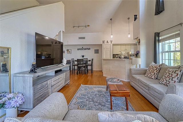 living room featuring rail lighting, high vaulted ceiling, and light hardwood / wood-style flooring