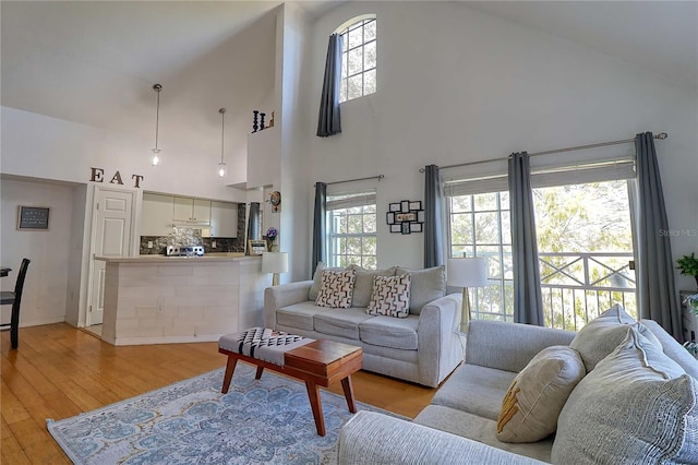 living room with a wealth of natural light, high vaulted ceiling, and light hardwood / wood-style floors