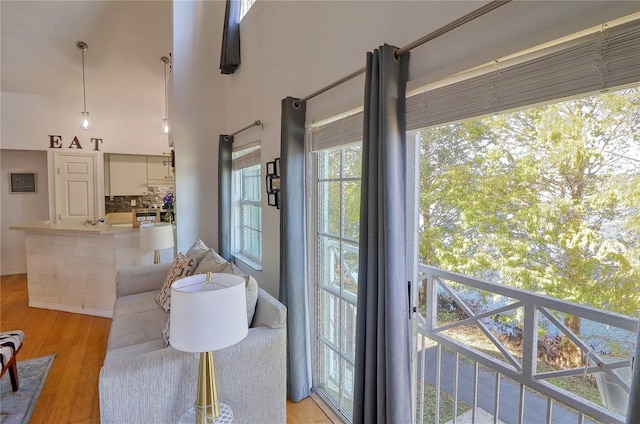 interior space with light hardwood / wood-style floors and a high ceiling