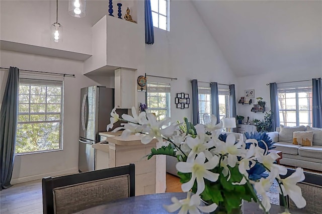 living room featuring light hardwood / wood-style flooring and high vaulted ceiling