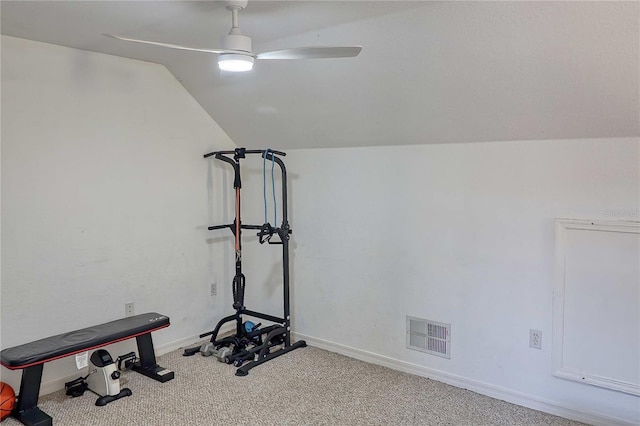 exercise area with carpet, ceiling fan, and lofted ceiling